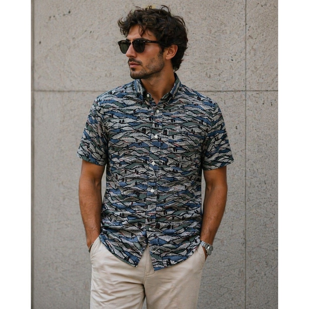 J. Crew Shirt Mens Small Blue Slub Abstract Wave Print Button Down Beach BE958